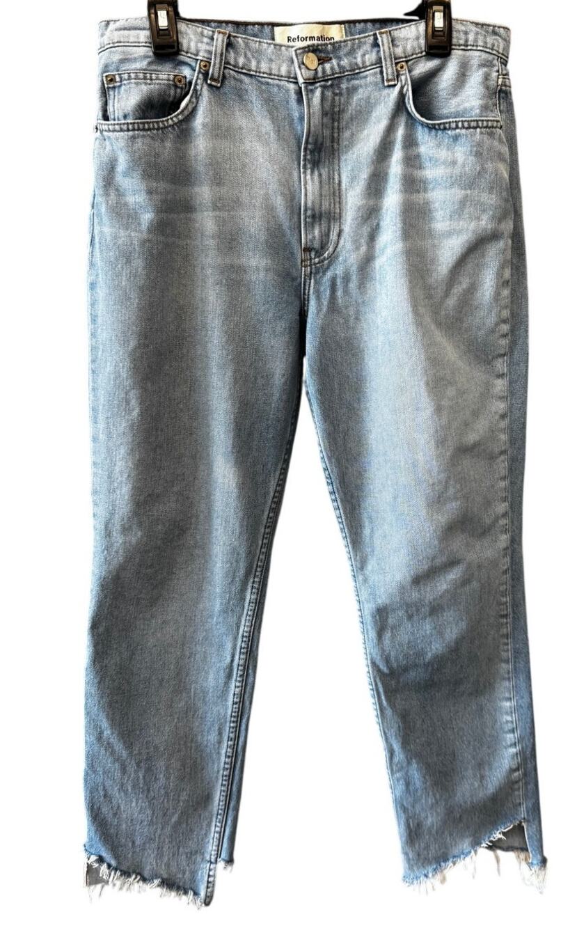 REFORMATION Women's Blue Distressed Denim Straight Leg Jeans Size 31